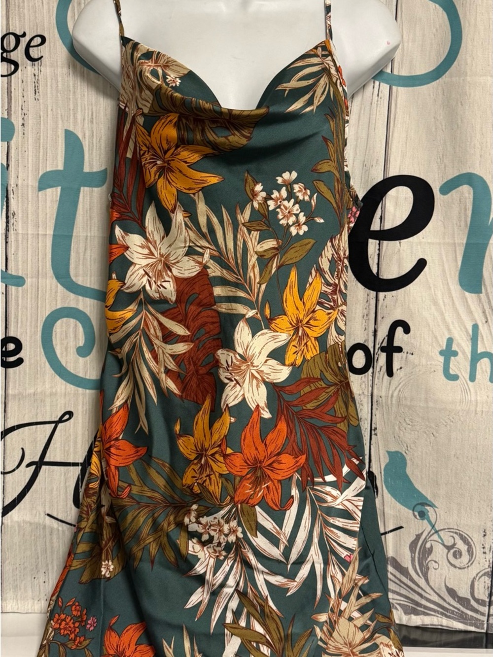 SHEIN Green Slip Dress with Orange & Cream Floral Print